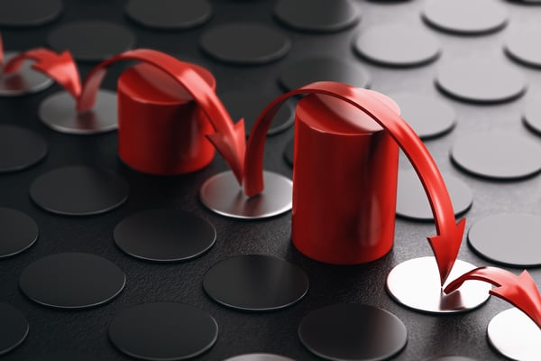 Red arrows jumping over red cylinders show overcoming obstacles